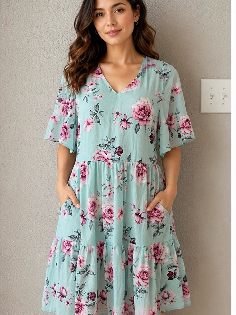 Fancyinn Mint Dress with Pink Floral Print